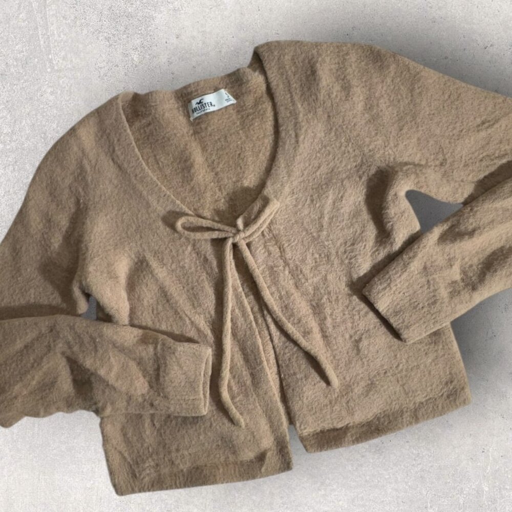 Hollister Tan Womens Soft Cropped Long Sleeve Knit Cardigan Tie Front Sweater